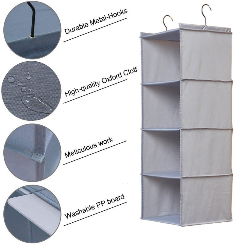 4-Shelf Hanging Wardrobe Organiser - Grey (30x30x84cm)