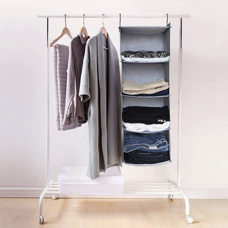 4-Shelf Hanging Wardrobe Organiser - Grey (30x30x84cm)