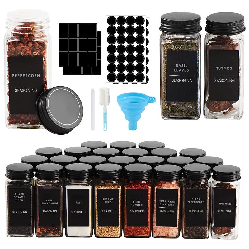 STORFEX 24-Pack 120ml Glass Spice Jars with Labels - Black