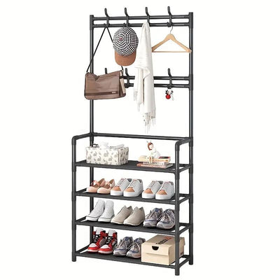 STORFEX 4-Tier 3-in-1 Coat Hanger and Shoe Rack - Black