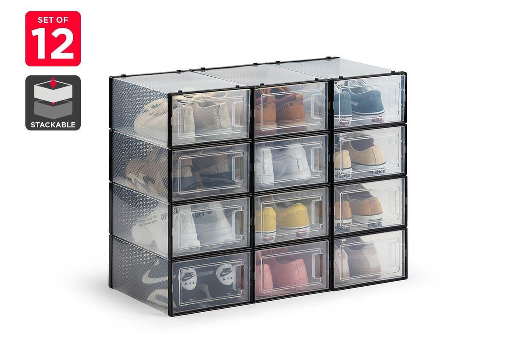 Ovela: Set of 12 Click Shoe Box (Small, Clear/Black)