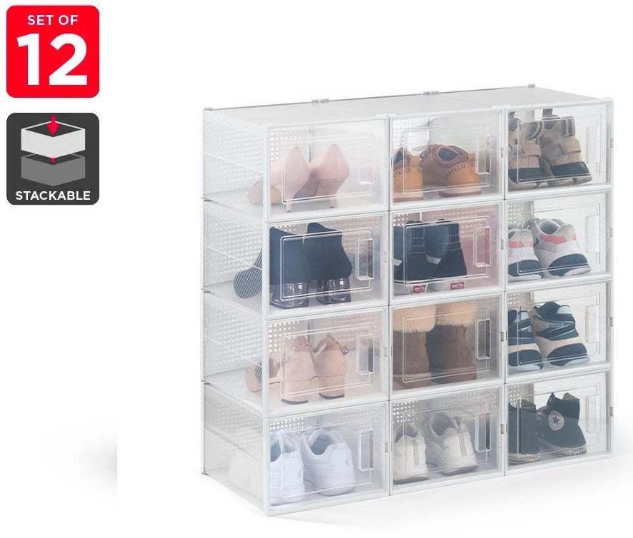 Ovela: Set of 12 Click Shoe Storage Box (Large, Clear/White)
