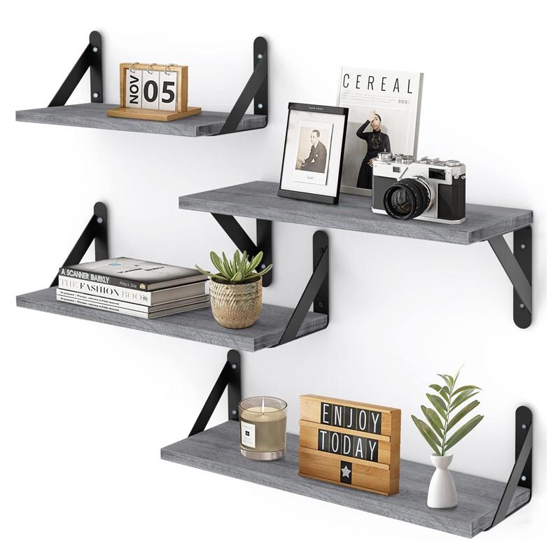 STORFEX Wooden Wall Mounted Floating Shelves - 4 Pack - Grey