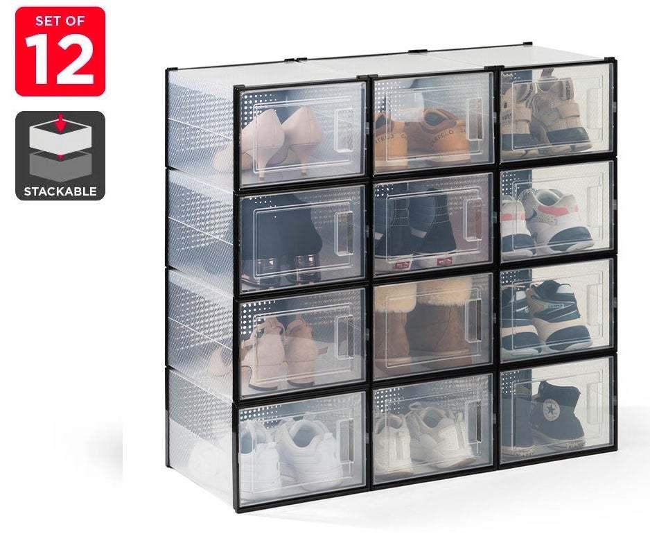 Ovela: Set of 12 Click Shoe Box-Large, Clear/Black