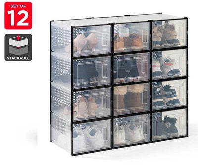 Ovela: Set of 12 Click Shoe Box-Large, Clear/Black