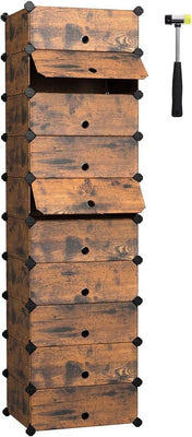 SONGMICS Modular Interlocking Plastic Shoe Rack with Doors - Rustic Brown - VASAGLE