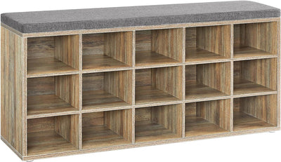 VASAGLE Shoe Storage Bench with 15 Compartments - Oak/Grey
