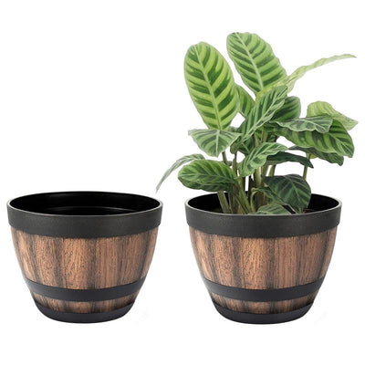 GREENHAVEN 30cm Plastic Imitation Barrel Planter Pots - 2 Pack