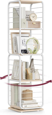VASAGLE 4-Tier Rotating Bookshelf with Bookends - Natural Beige & Cloud White