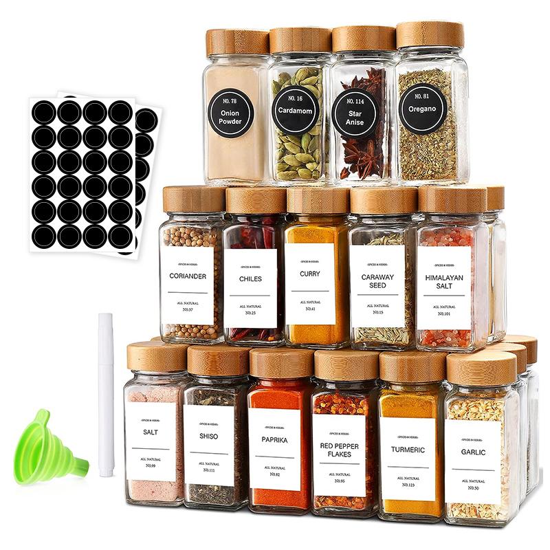 Glass & Bamboo Spice Jars 120ml - 24 Piece Set