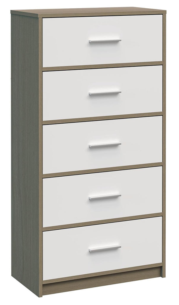 Fraser Country: Lada Home 5 Drawer Storage Dresser - Grey & White With Silver Handle