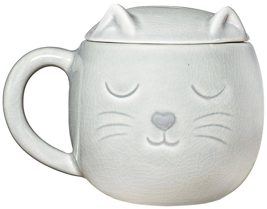 Sass & Belle: Crackle Glazed Cat Mug with Lid - Grey (320ml)