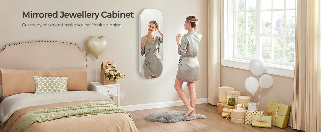 SONGMICS LED Jewelry Cabinet Wall or Door Mounted Mirror - White Surface with Greige Lining