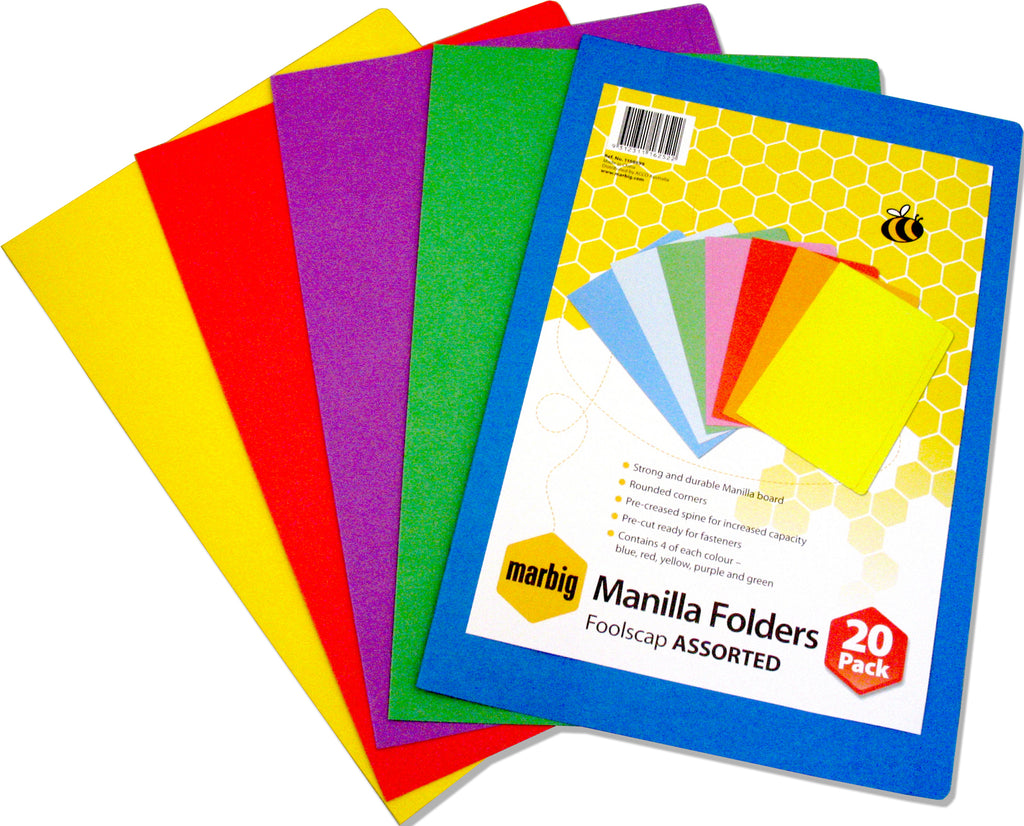 Marbig Foolscap Manilla Folders - Assorted Colours (Pkt 20)
