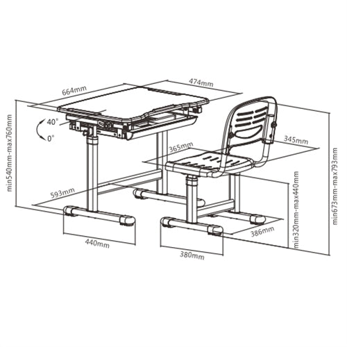 Brateck: Kids Height Adjustable Desk & Chair Set- Pink