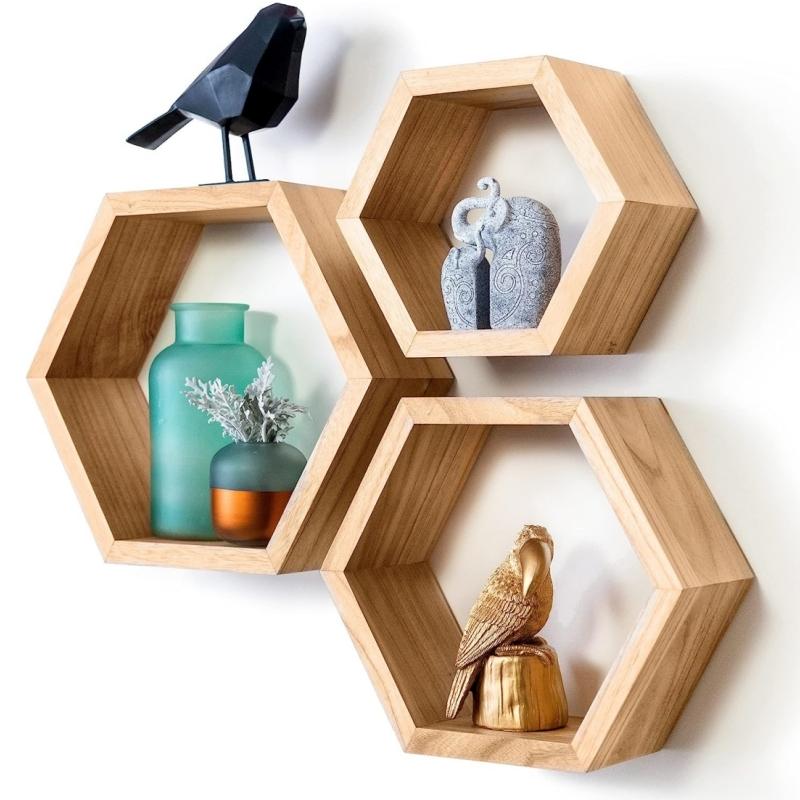 STORFEX Wooden Wall Mounted Hexagonal Floating Shelves