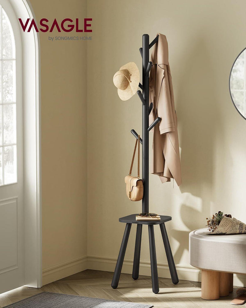 VASAGLE Coat Rack with 8 Hooks and Shelf - Ink Black