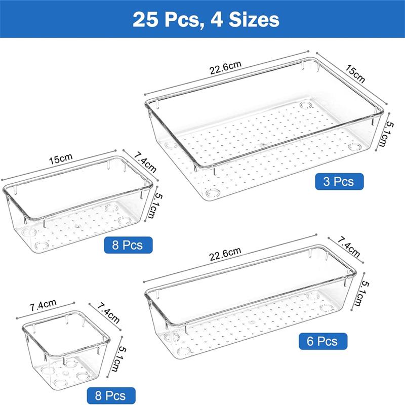 STORFEX 25 PCS Multifunctional Clear Plastic Drawer Organizers Set