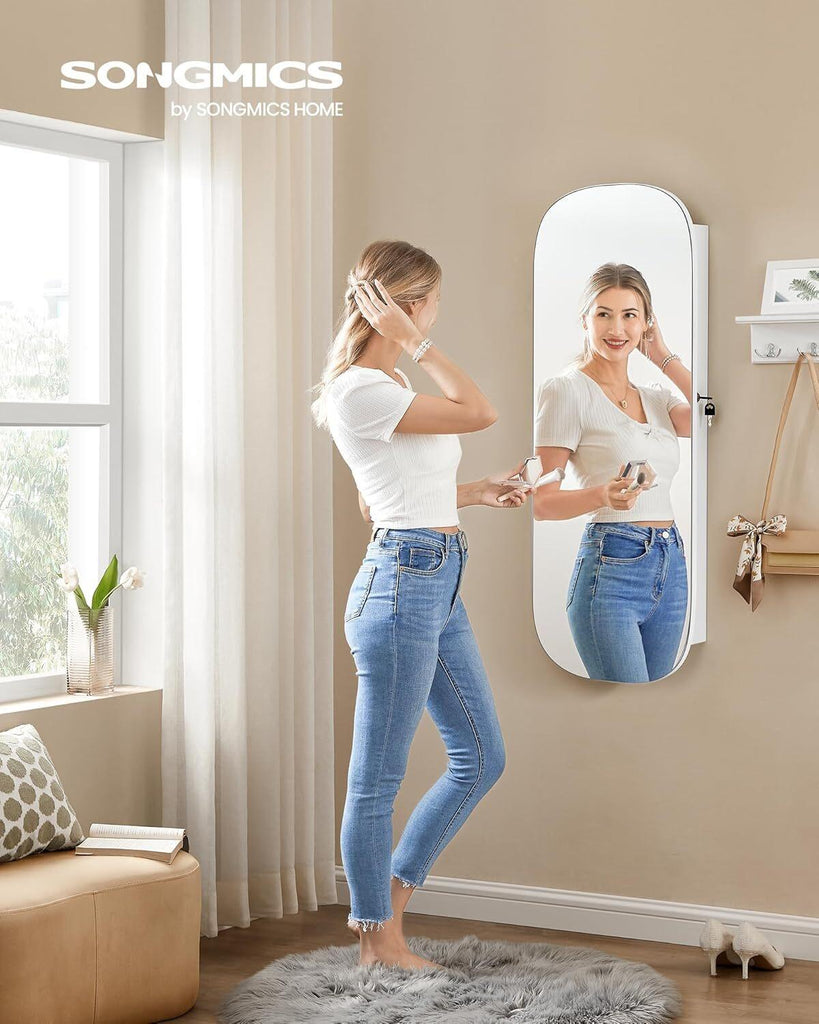 SONGMICS LED Jewelry Cabinet Wall or Door Mounted Mirror - White Surface with Greige Lining