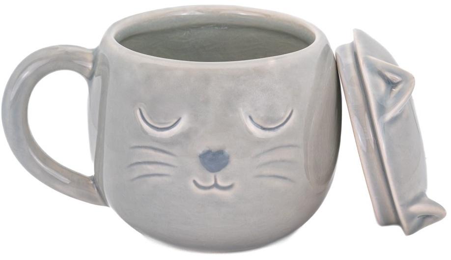 Sass & Belle: Crackle Glazed Cat Mug with Lid - Grey (320ml)