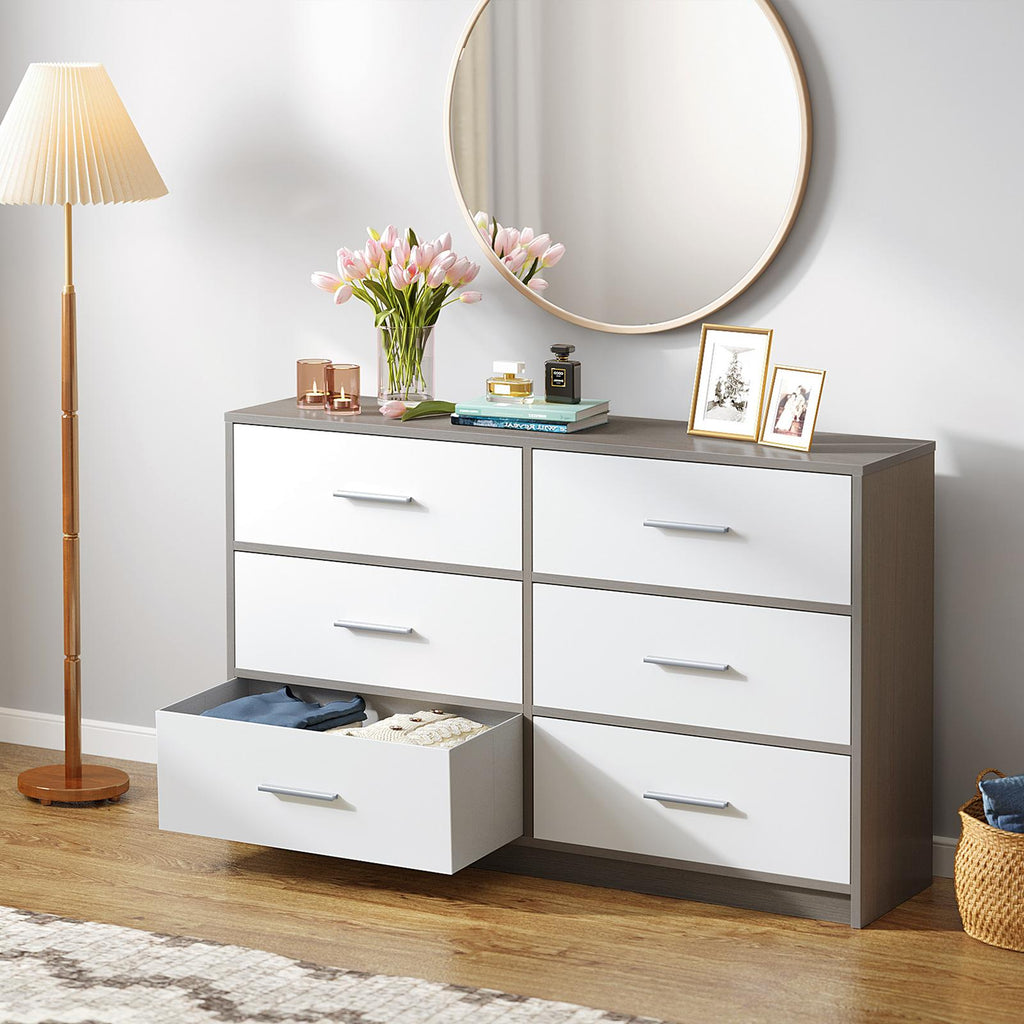Fraser Country: Lada Home 6 Drawer Storage Dresser - Grey & White With Silver Handle