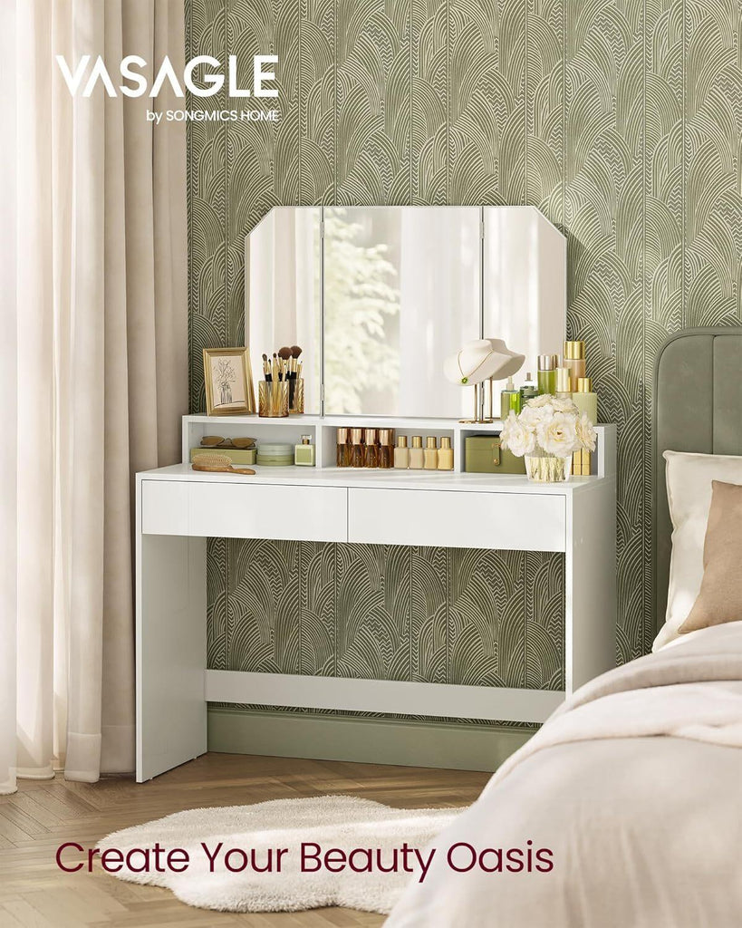 VASAGLE Dressing Table with Tri-Fold Mirror - White