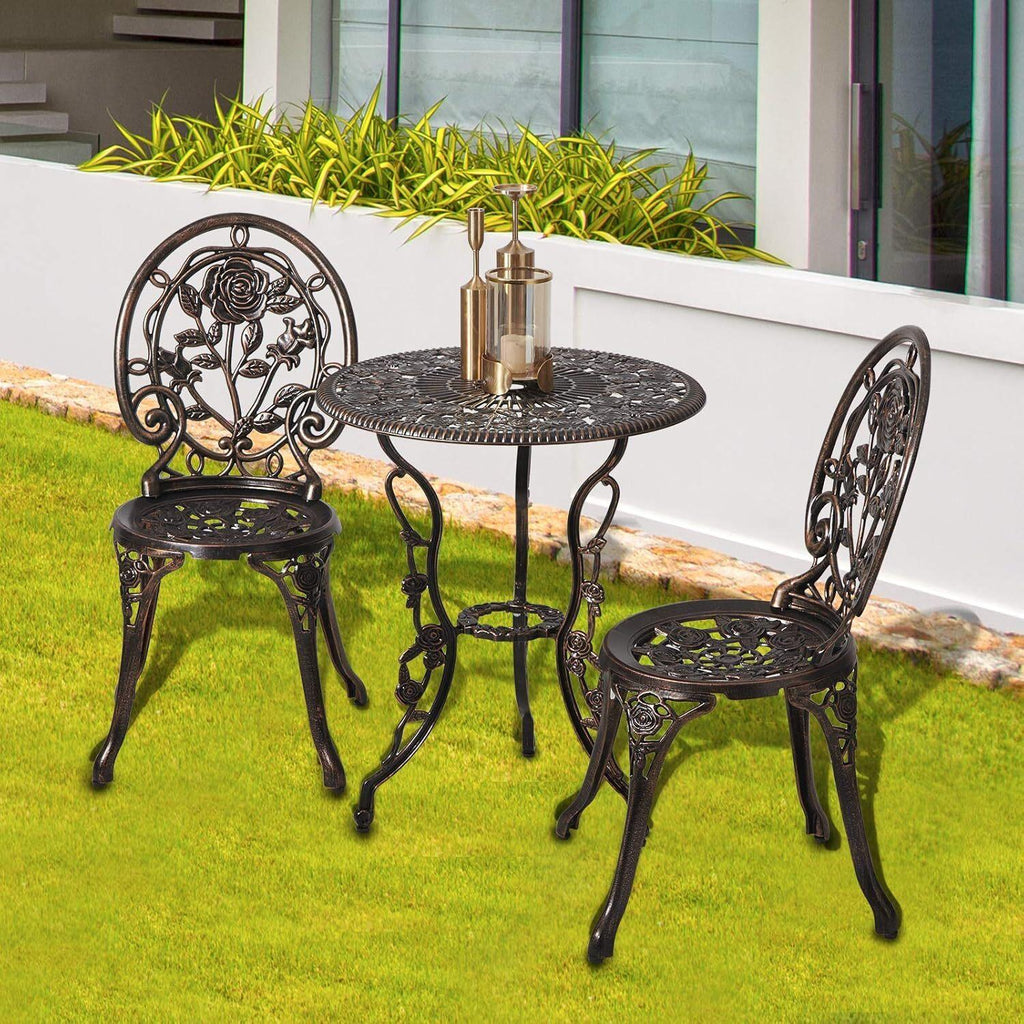 Fraser Country Outdoor Bistro Table and Chairs with Rose Pattern Set of 2 - Bronze