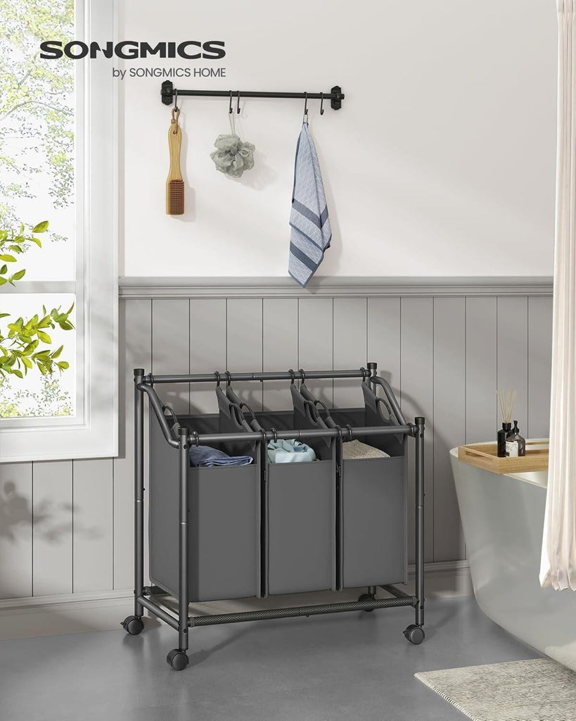 SONGMICS Rolling Laundry Sorter Cart with 3 Removable Bags - Grey