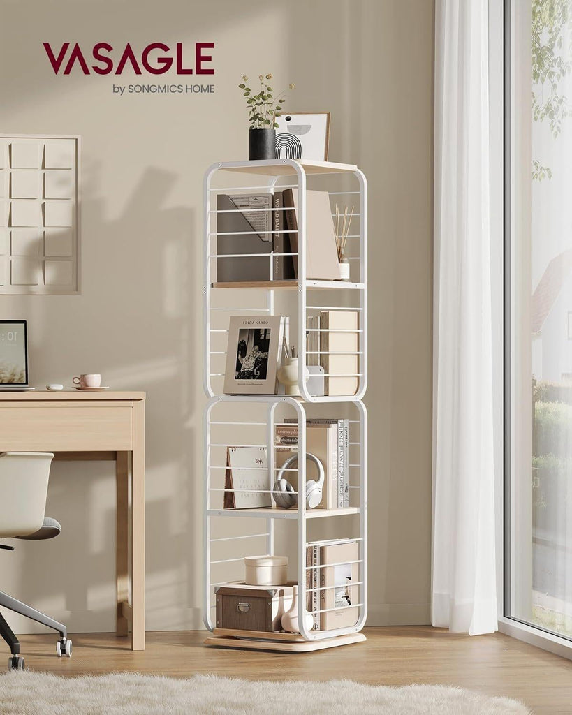 VASAGLE 4-Tier Rotating Bookshelf with Bookends - Natural Beige & Cloud White