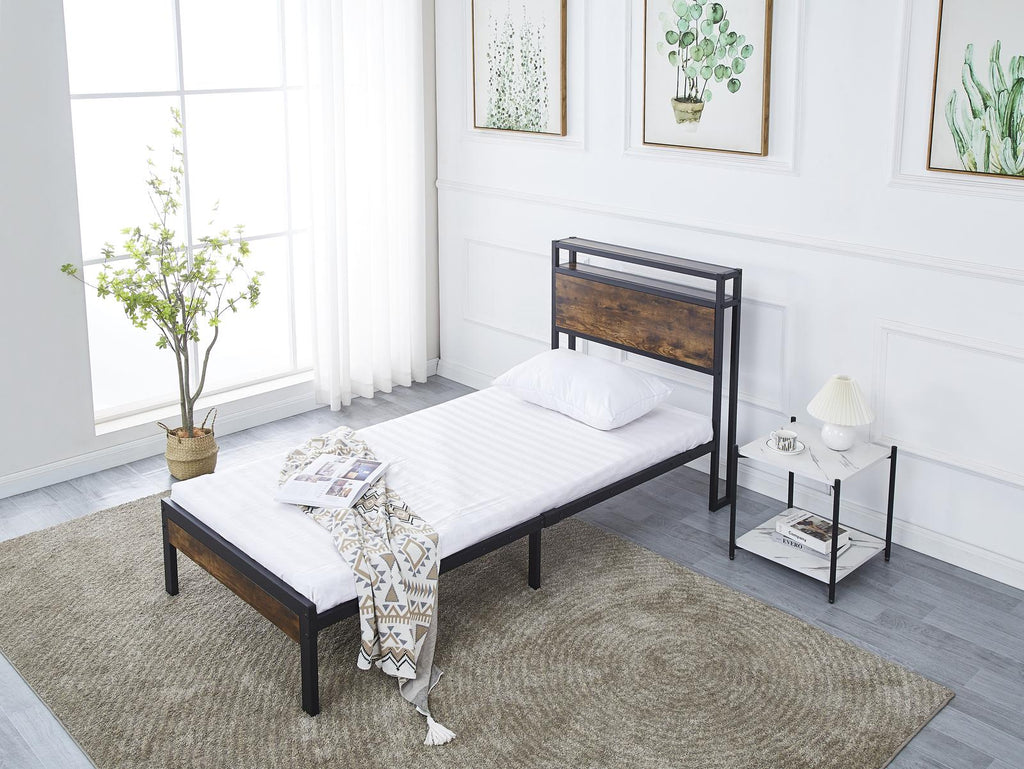 Fraser Country Single Metal Bed Frame with Wooden Rustic Brown Headboard & Footboard - Black