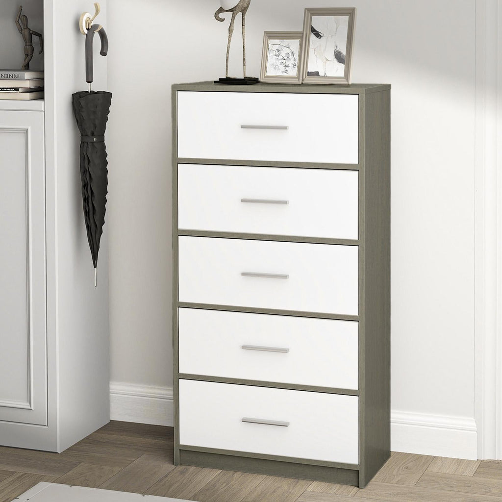 Fraser Country: Lada Home 5 Drawer Storage Dresser - Grey & White With Silver Handle