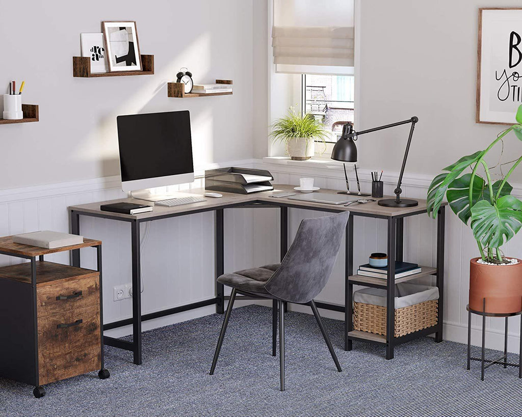 Vasagle L-Shaped Computer Desk with Shelves - Greige+Black