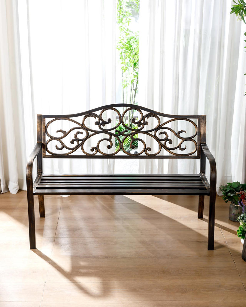 Fraser Country Outdoor Metal Garden Bench with Floral Design - Bronze