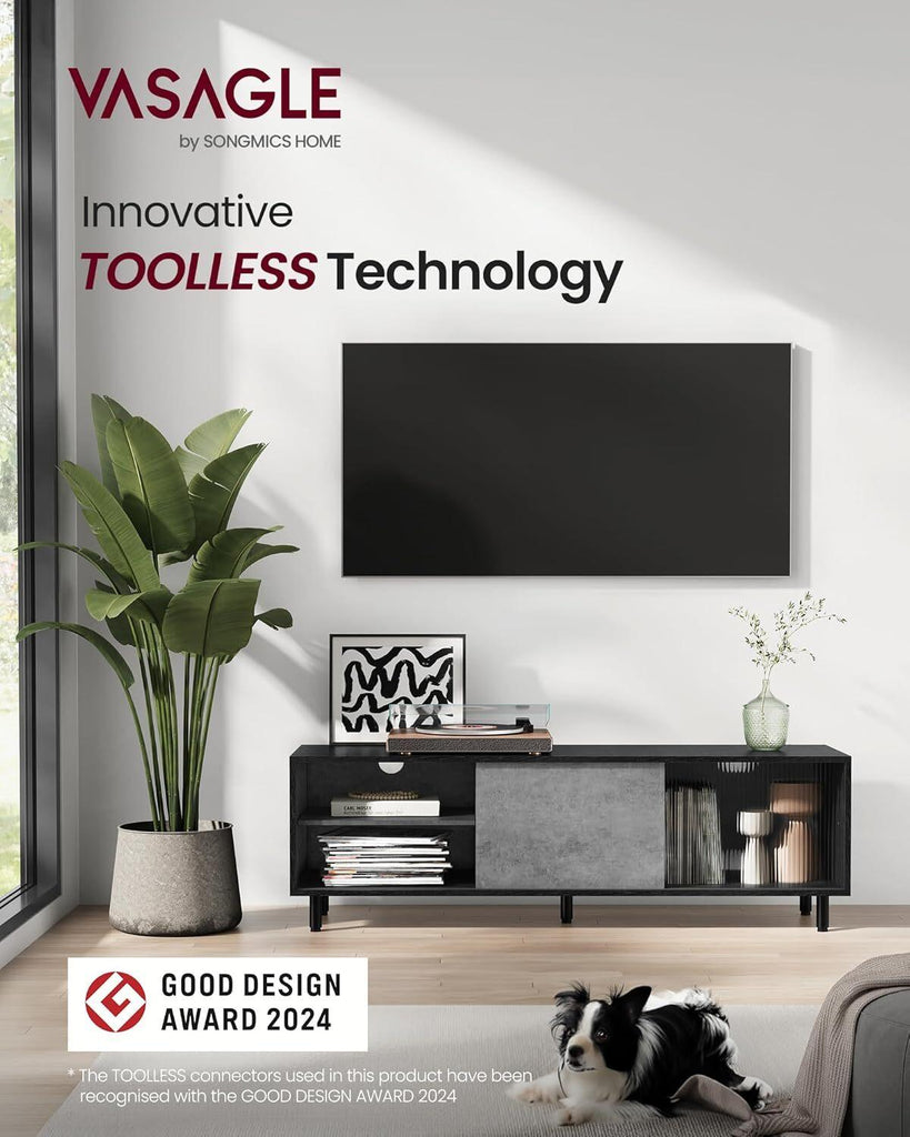 VASAGLE Superfast Toolless 1.40M TV Stand Cabinet - Ebony Black and Concrete Grey