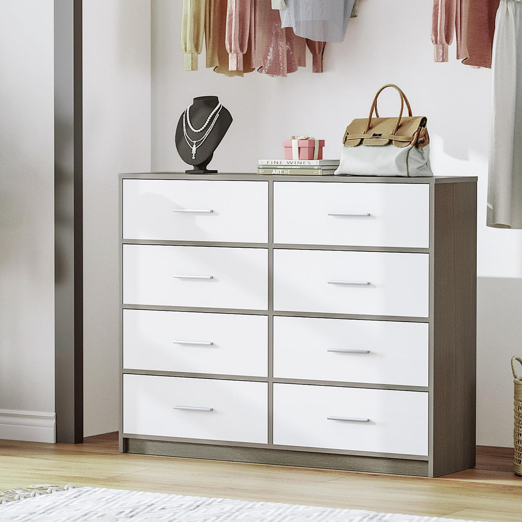 Fraser Country: Lada Home 8 Drawer Storage Dresser - Grey & White With Silver Handle