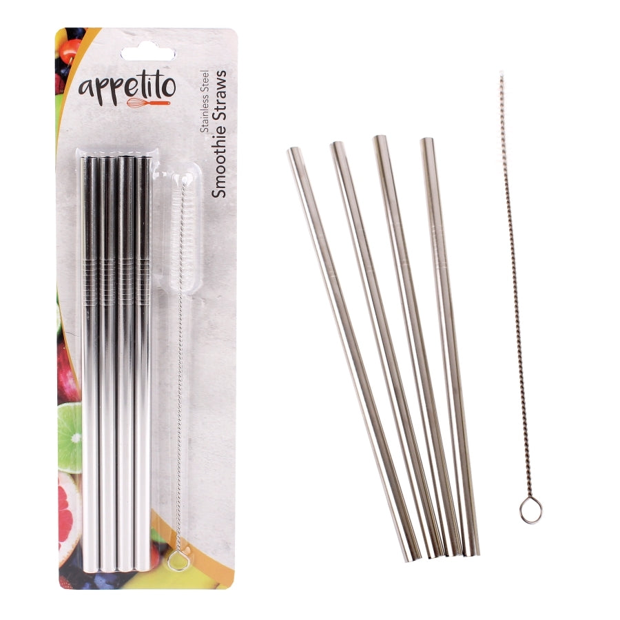Stainless Steel Straight Smoothie Straws with Brush (Set of 4) - Appetito