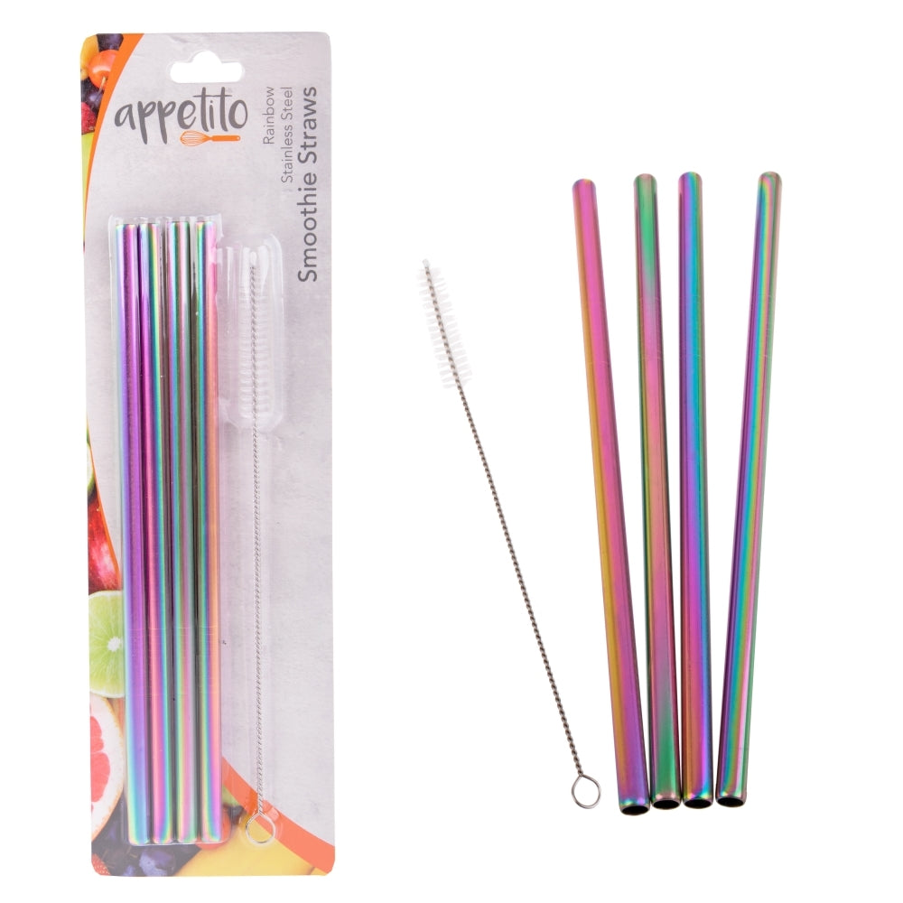 Appetito: Stainless Steel Straight Smoothie Straws - Rainbow (Set of 4 With Brush)