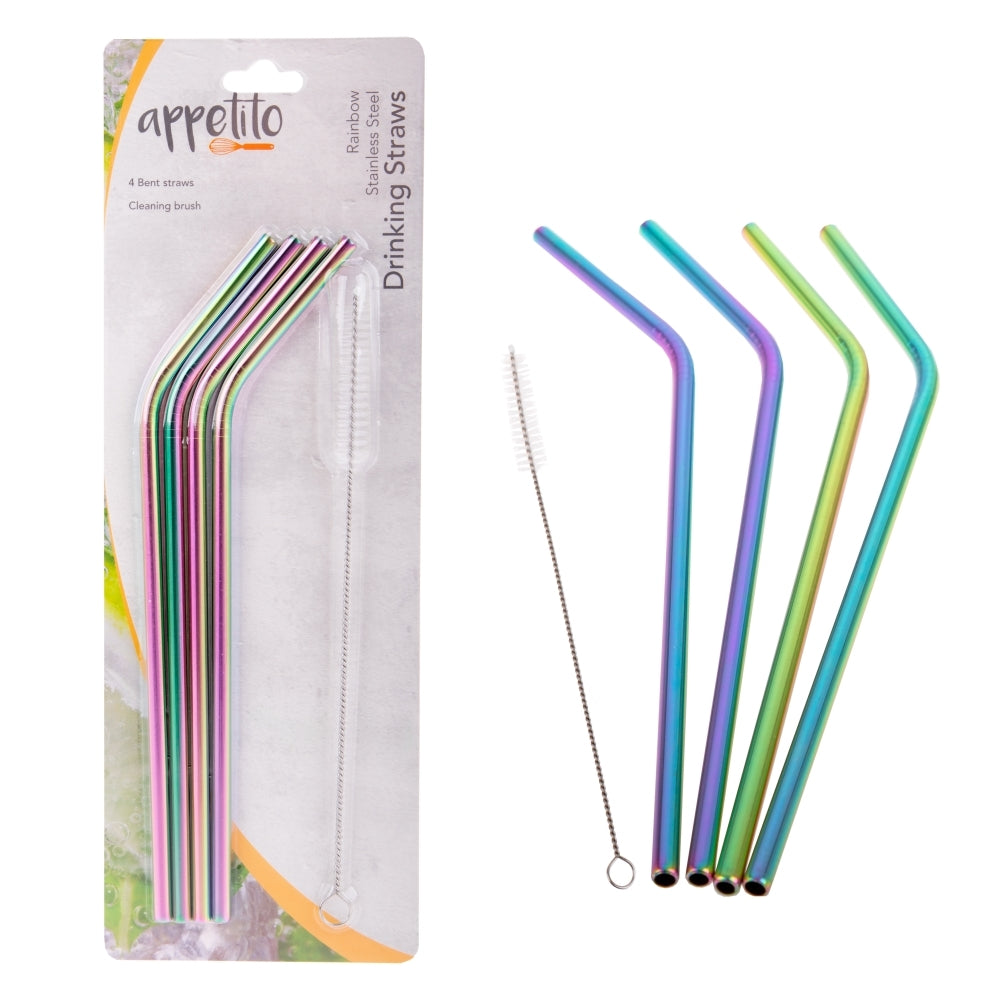 Appetito: Stainless Steel Bent Drinking Straws - Rainbow (Set of 4 With Brush)
