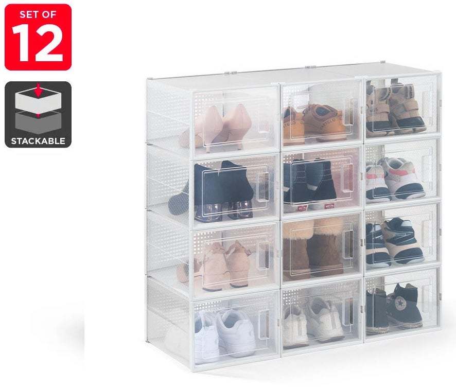 Ovela: Set of 12 Click Shoe Storage Box (Large, Clear/White)