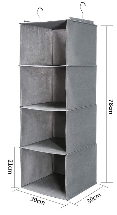 4-Shelf Hanging Wardrobe Organiser - Grey (30x30x84cm)