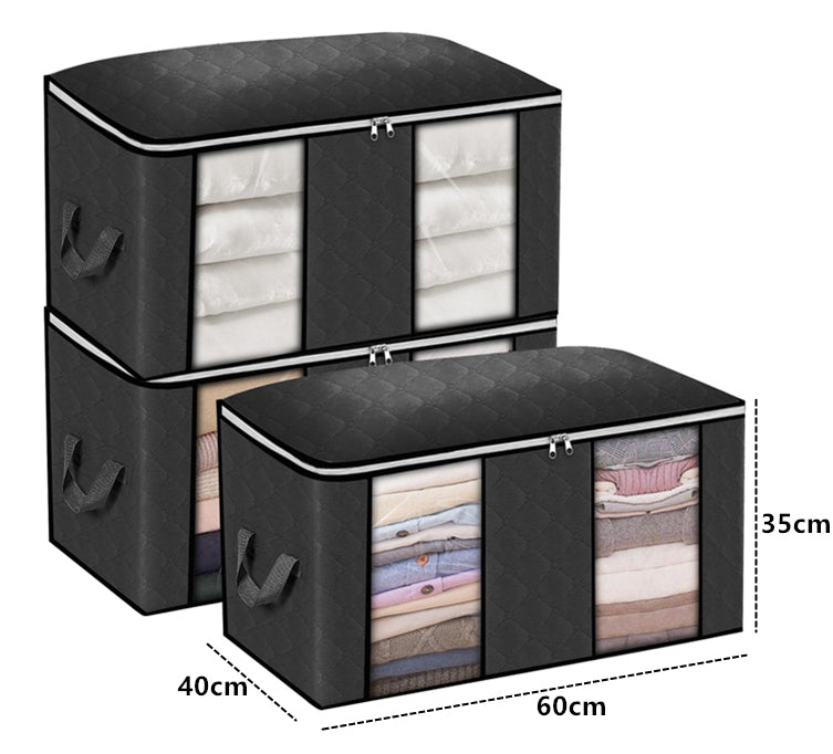 Large Capacity Clothing Storage Bags 3 Pack - Black (60x40x35cm)