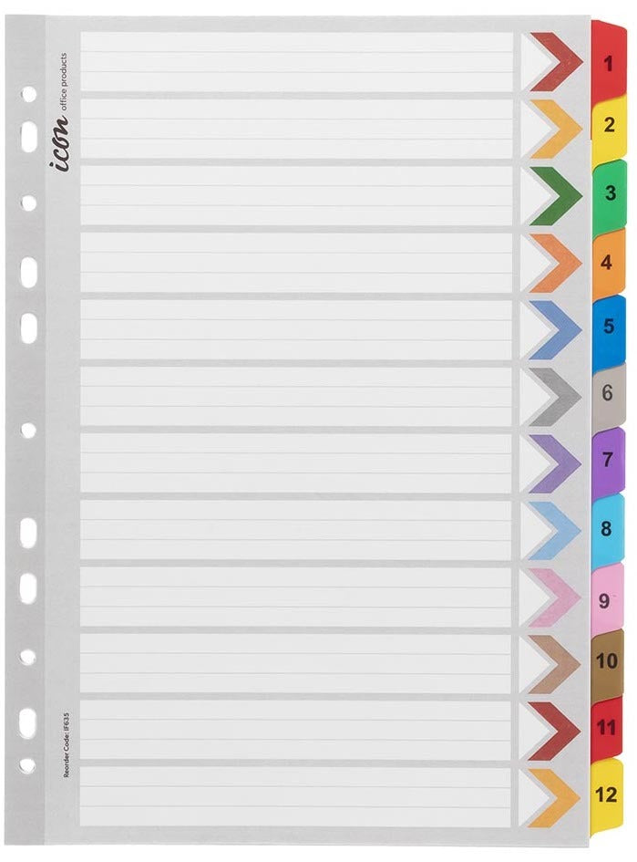 Icon Cardboard Indices with Reinforced Tabs 1-12 Coloured