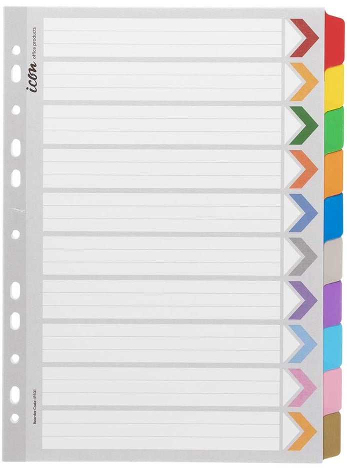 Icon Cardboard Dividers with Reinforced Tabs 10 Tab Coloured