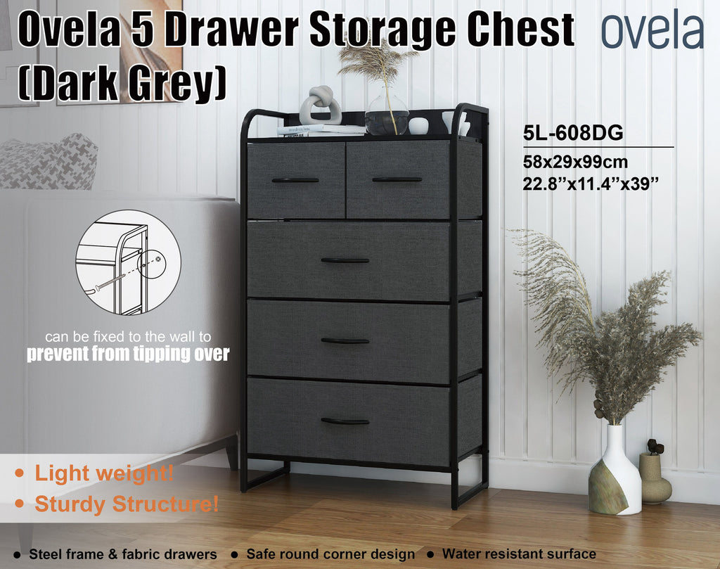 Ovela 5 Drawer Storage Chest - Dark Grey