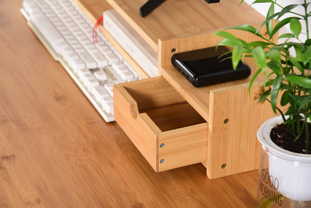 2-Tier Bamboo Monitor Riser with Storage Organizer Drawer