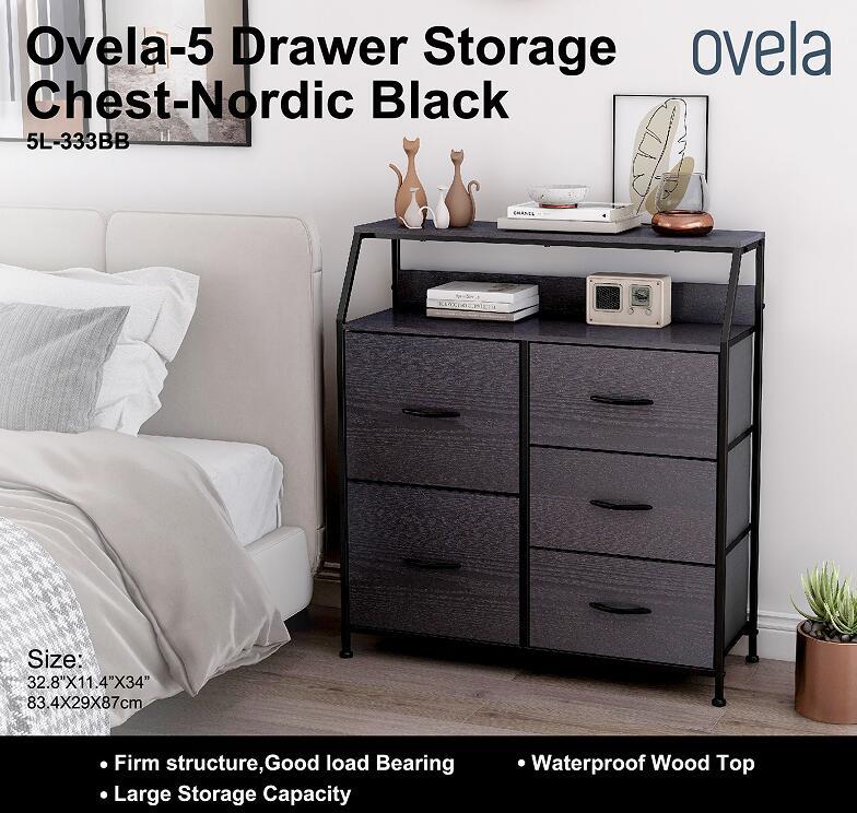 Ovela 5 Large Drawer Storage Chest - Nordic Black