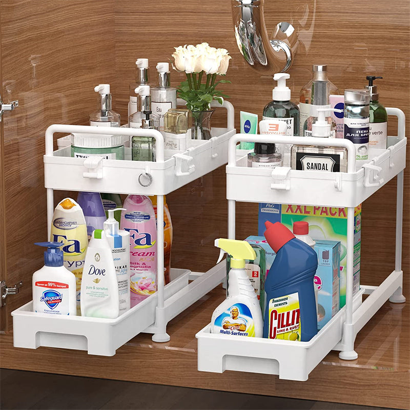 STORFEX Two-Tier Under Sink Pull-Out Kitchen Cabinet Storage Rack - White