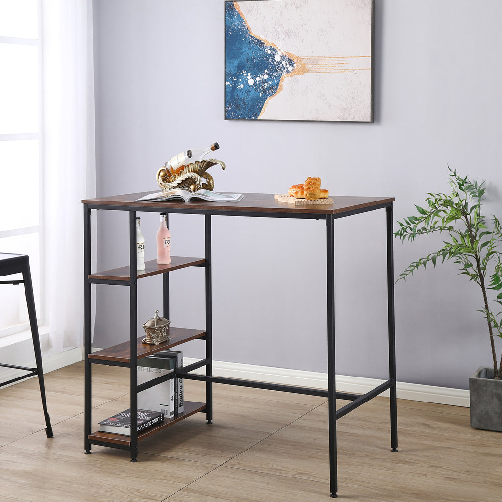Rectangular Bar Table with Three Shelves - Rustic Brown