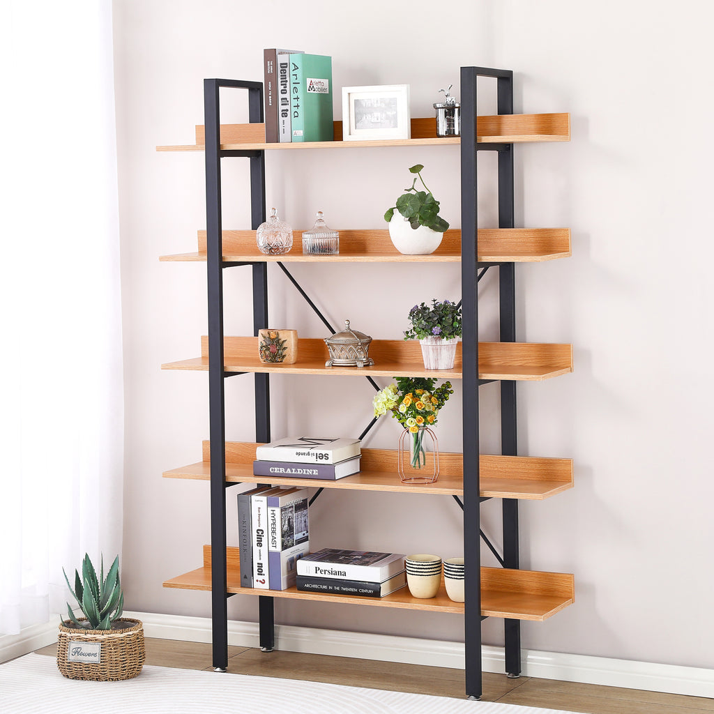 5 Tier Bookshelf with Black Frame & Light Oak Finish