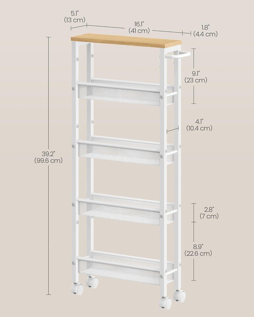 VASAGLE 5-Tier Slim Storage Rolling Cart - White
